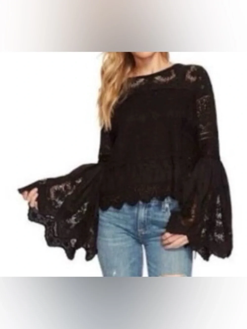Free People Once Upon A Time Lace Bell Sleeves Top In Black